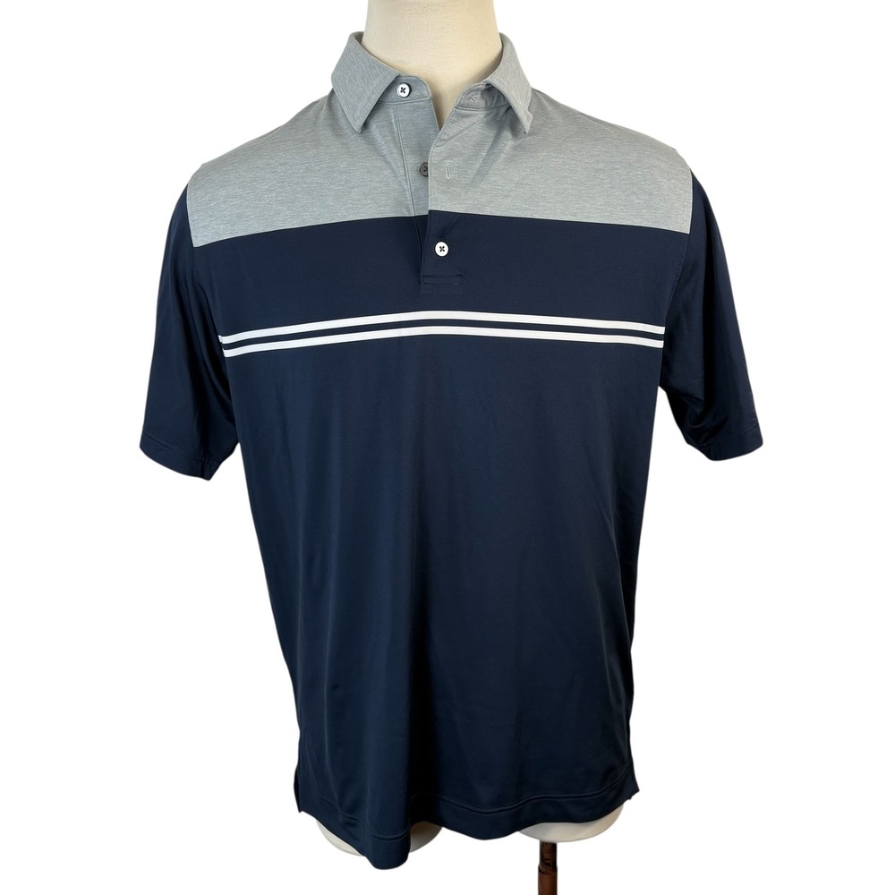 Men's FootJoy Blue & Grey Color Block‎ & White Striped Stretch Fabric Polo Large